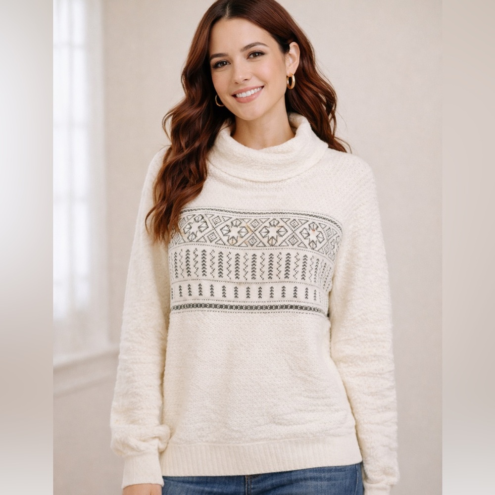 Lucky brand cowl neck sweater ivory Sz. XL  black geometric thread design NEW